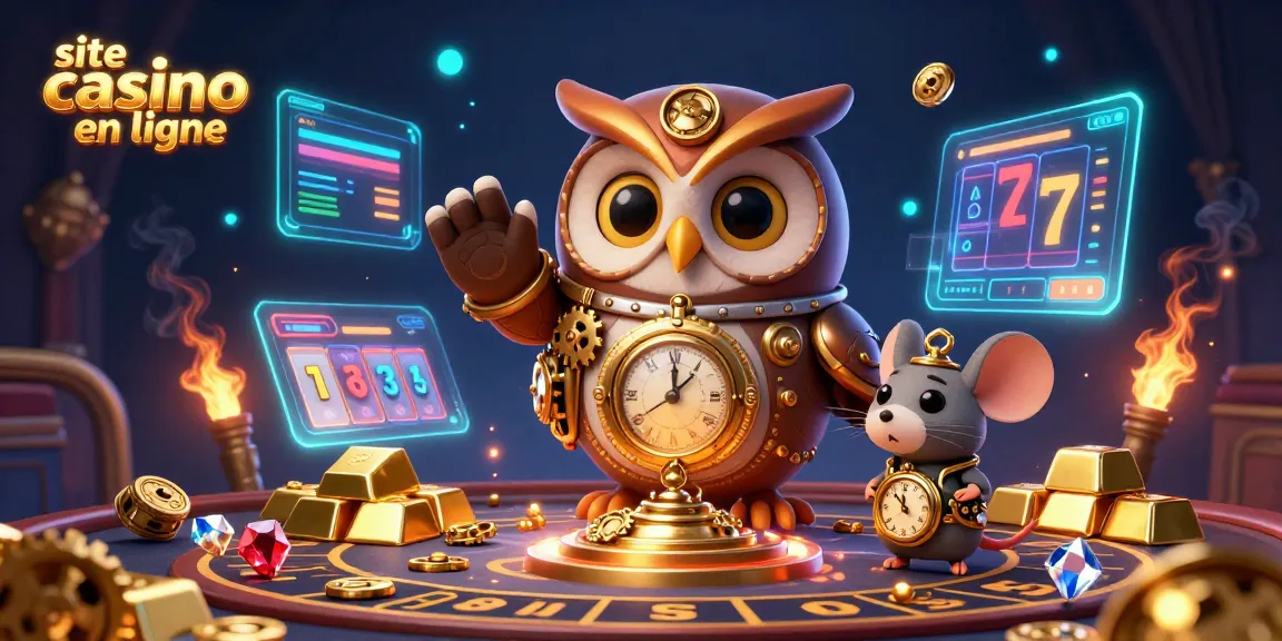 Plongez dans l'univers du site casino en ligne avec un hibou voyageur en steampunk entouré de trésors étincelants.