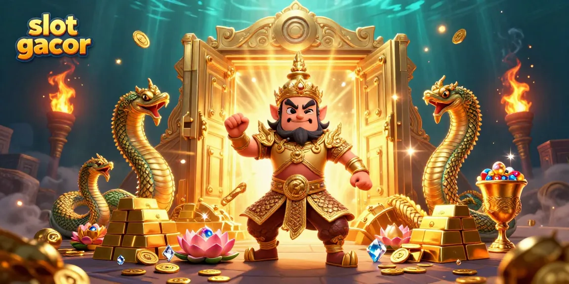 Engage with slot gacor in a vibrant 3D casino scene featuring golden treasures and mystical characters.