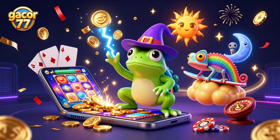 Gacor 77 menghadirkan suasana permainan menegangkan dengan wizard katak dan chameleon berwarna-warni.