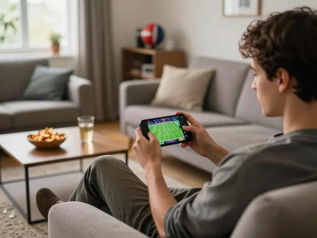 Betting on sports using a smartphone at home, highlighting https://cakhiatv.design/ for easy access.