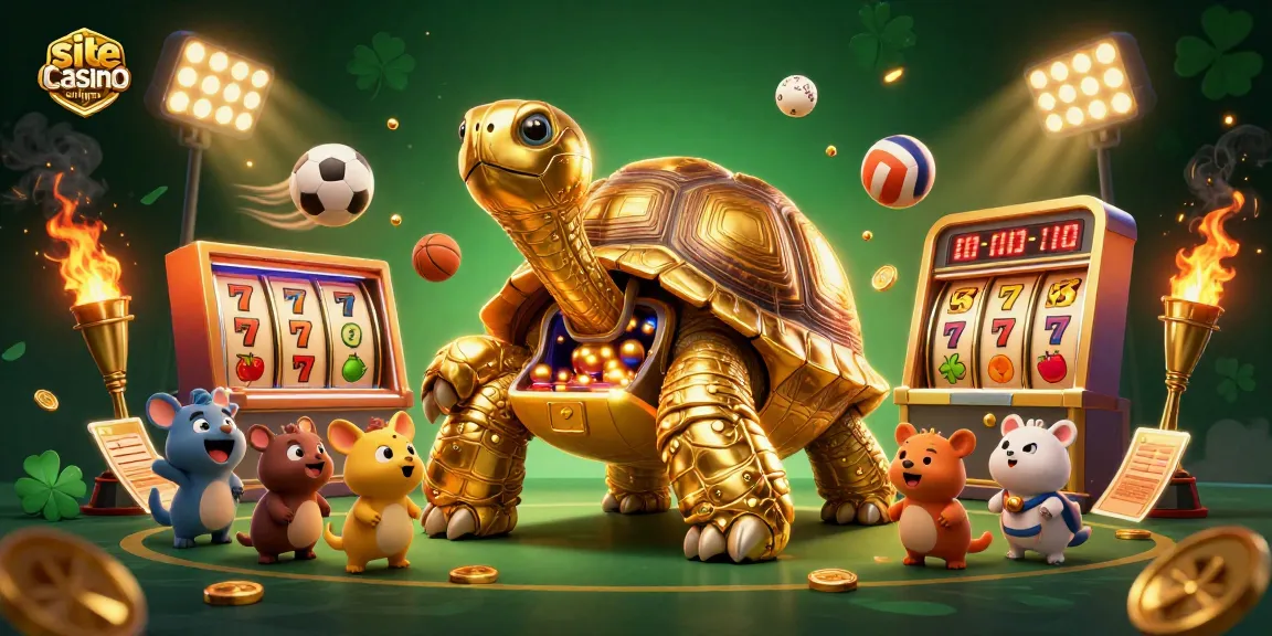 Jouez sur un site casino en ligne avec une tortue d'or massive en forme de machine à sous entourée de pièces et de ballons sportifs.