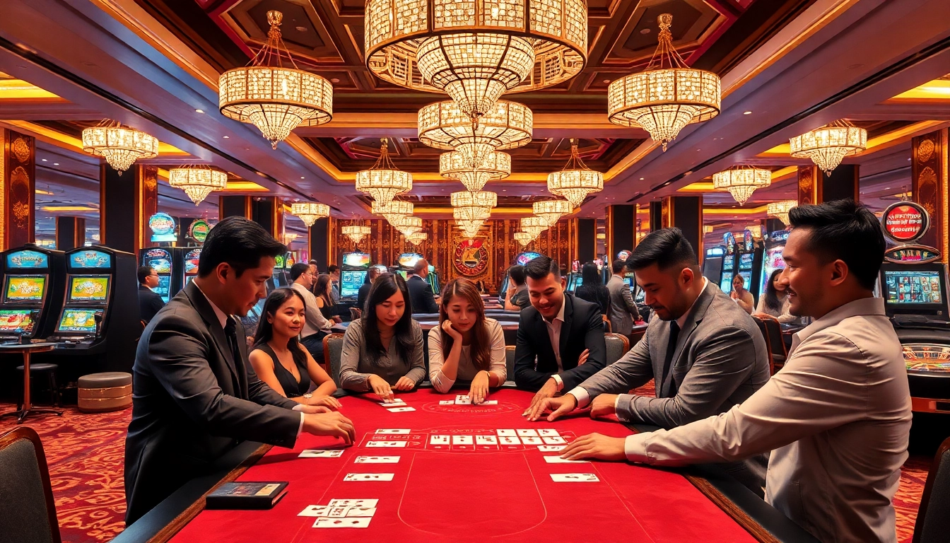 Engaged players at a sbobet table in a luxurious casino setting surrounded by excitement.