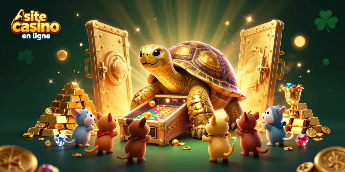 Jouer sur un site casino en ligne avec une tortue géante de pinball et des trésors étincelants.