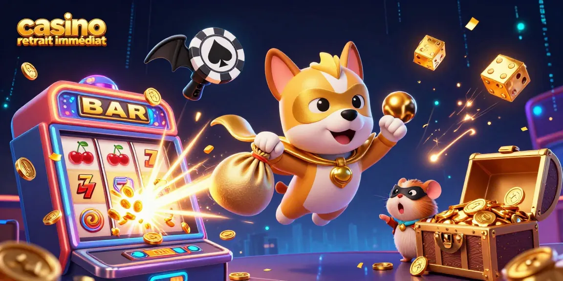 Les héros du casino retrait immédiat collectent des gains autour de machines à sous et de jeux colorés.