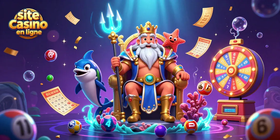 Animation de loterie vibrante sur un site casino en ligne avec Neptune et éléments colorés