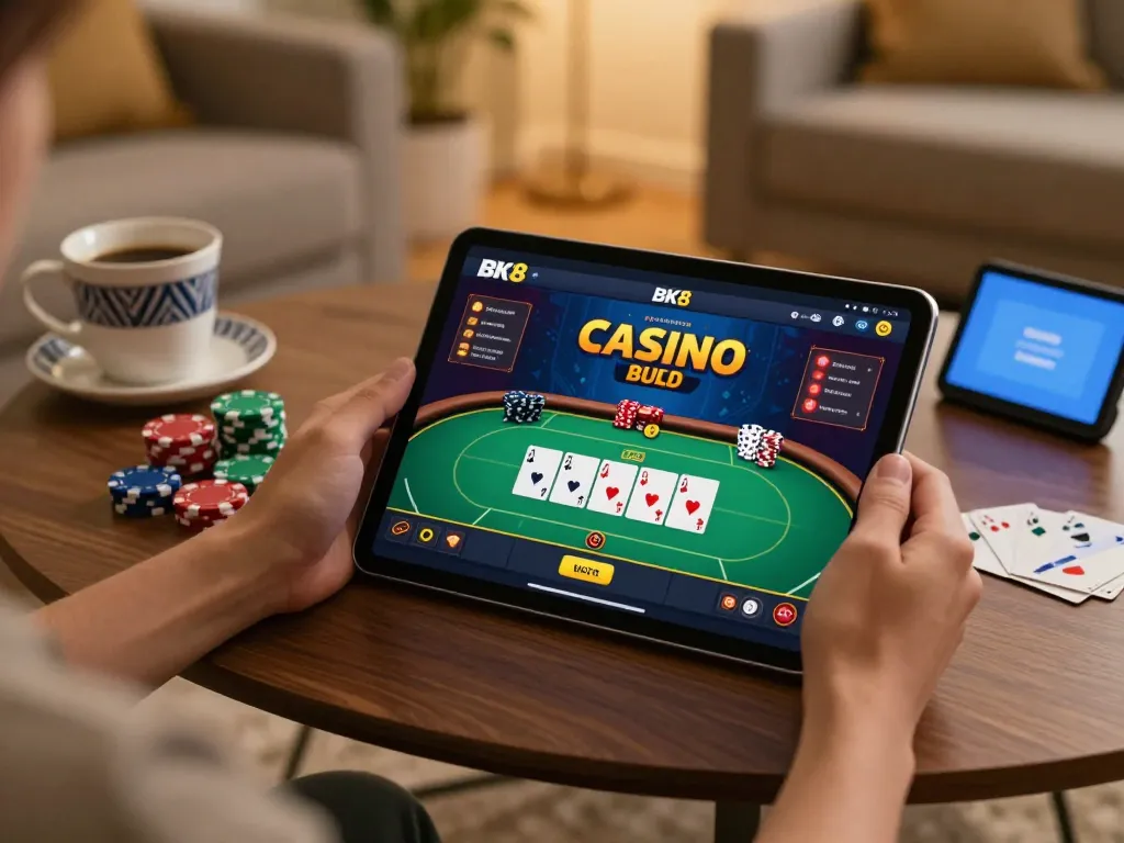 Engaging with BK8 casino app on a tablet in a cozy home setting, displaying strategic gameplay.