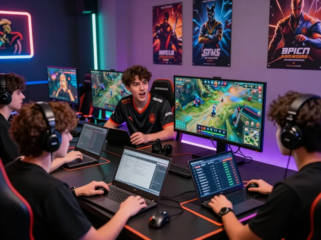 Engaged gamers in a vibrant esports hub enjoying nổ hũ hubet88 betting, showcasing excitement and camaraderie.