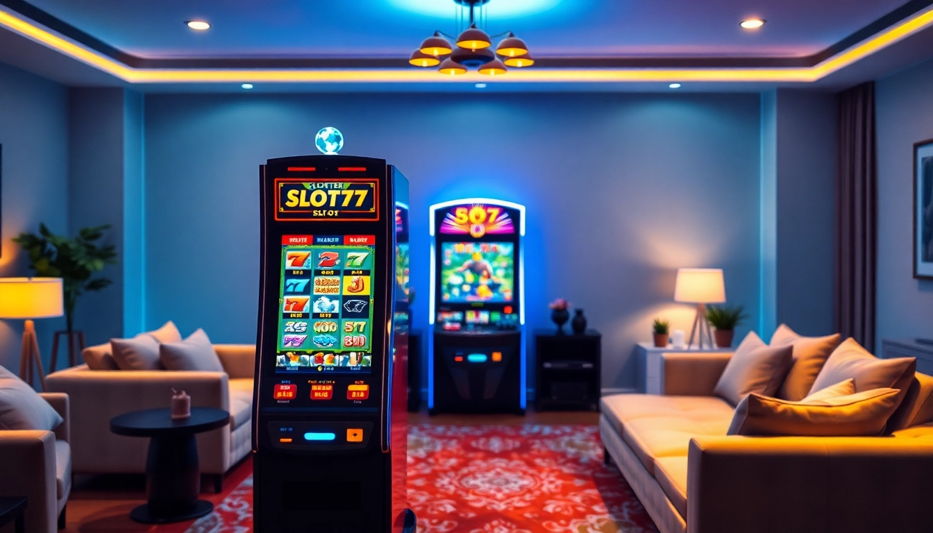 Slot77 permainan mesin slot yang menarik dalam suasana ruangan modern yang cerah.