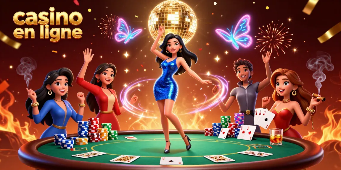 Découvrez l'excitation du casino en ligne avec une illustration 3D vibrante mettant en valeur des éléments de jeu dynamiques et des personnages glamour.