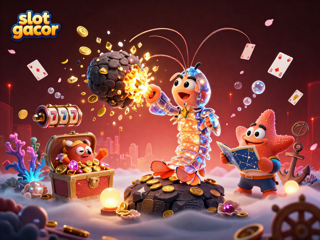 Slot gacor yang menarik dengan karakter kartun 3D, harta karun, dan simbol permainan slot yang berwarna-warni.