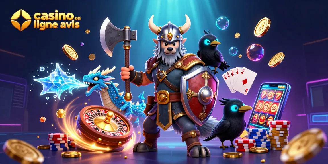 Une scène dynamique de casino en ligne avis avec un loup viking, un dragon, et des jetons colorés.