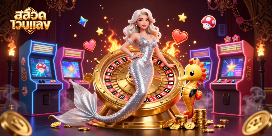 Experience สล็อตเว็บตรง gaming excitement with a glamorous mermaid beside a roulette wheel