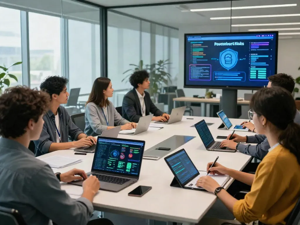 Deepfake protected meetings with professionals discussing security measures in a modern conference room.