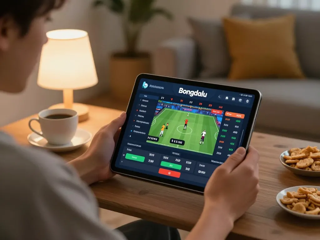 Bongdalu live sports betting interface viewed on tablet in a cozy home setting, showcasing interactive features and user engagement.