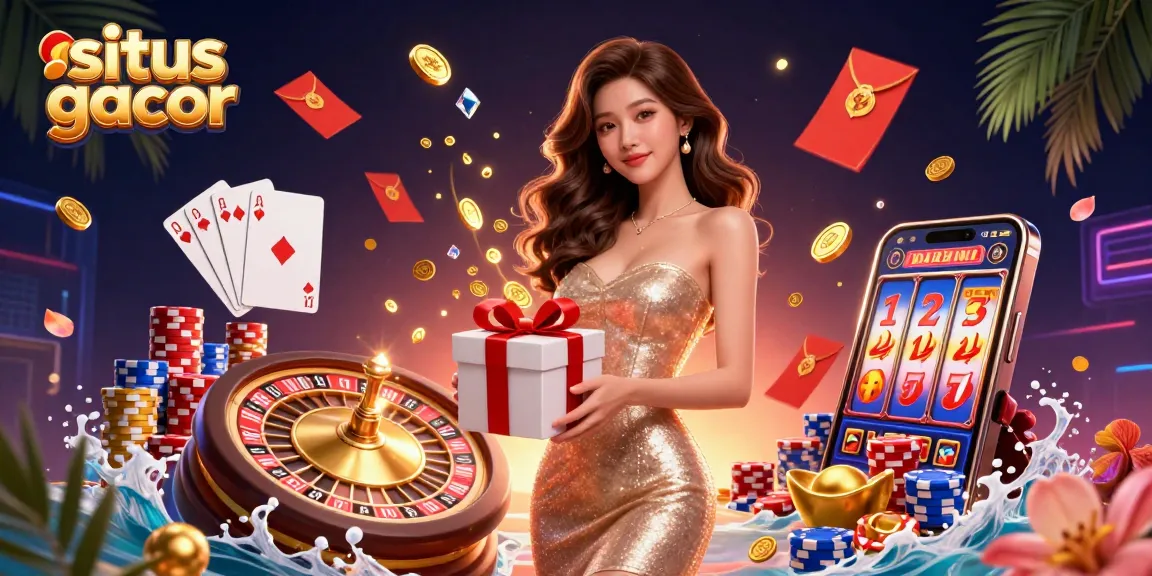 Situs gacor showcasing a stunning Asian woman with a gift box and casino elements in a vibrant Lunar New Year theme.