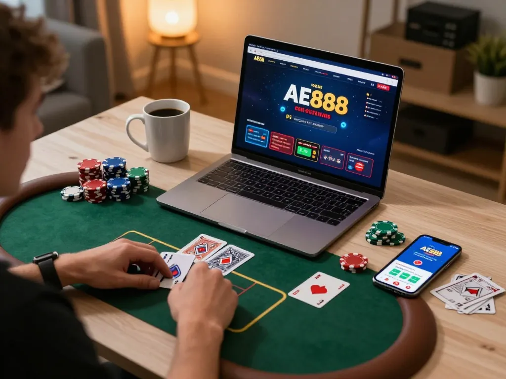 Engaging AE888 online poker game scene with player focused on laptop in cozy home office.