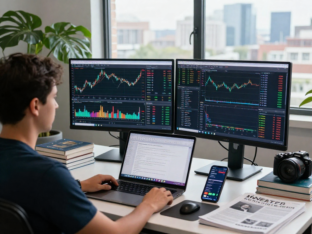 使用TradingView进行股票和加密货币分析的交易员在现代办公桌前，实时监控市场动态。
