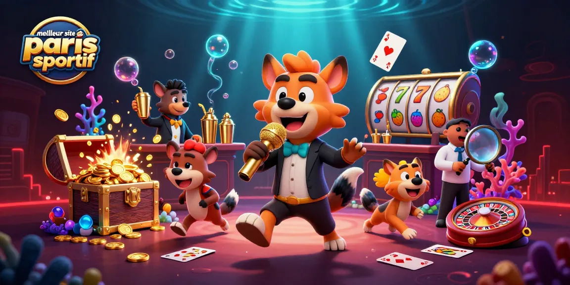 Visuel dynamique du meilleur site de paris sportif avec des hyènes animées en pleine action dans un casino comique coloré.