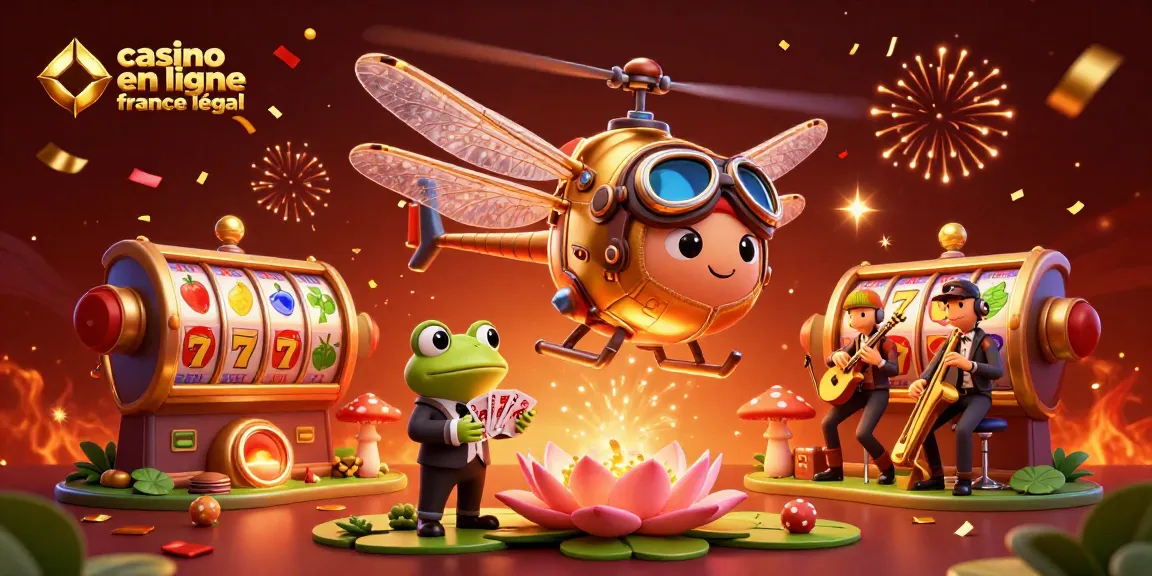 Casino en ligne France légal avec un pilote libellule et un croupier grenouille au casino.