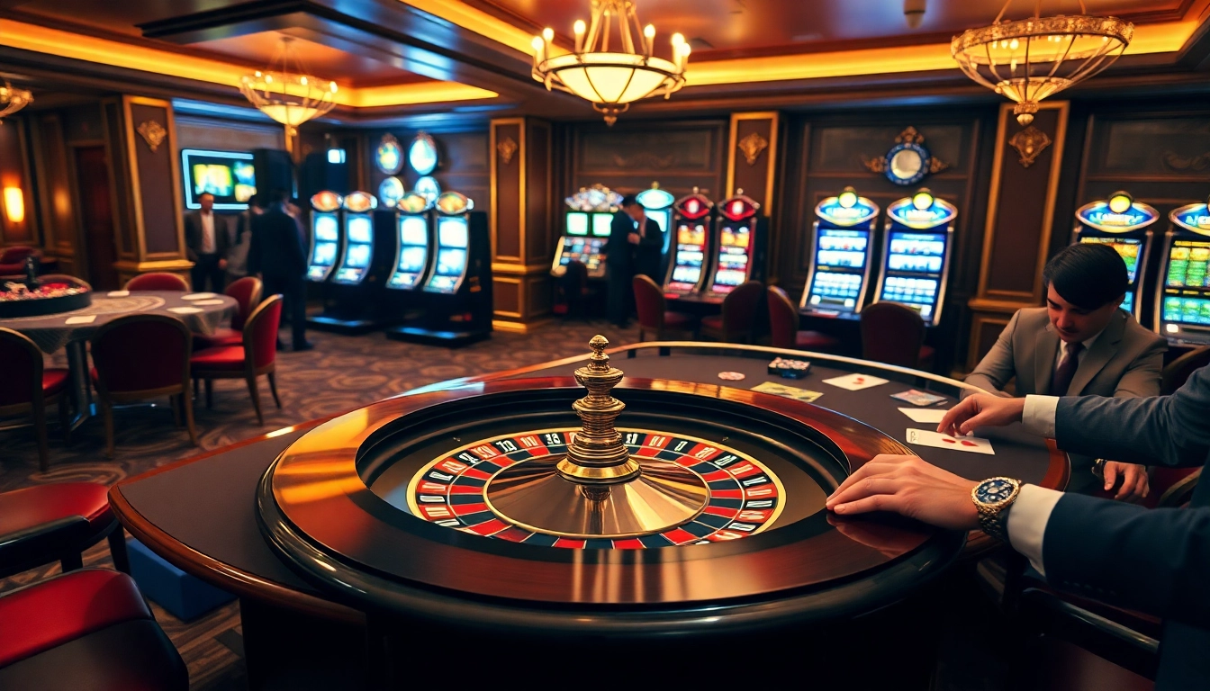 Vivez l'excitation du casino en ligne argent réel avec des joueurs à une table de roulette dans un casino luxueux.