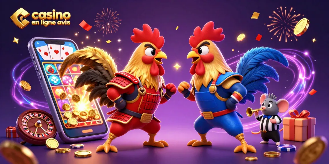 Casino en ligne avis : affrontement spectaculaire de deux coqs combattants armés dans un décor de jeu.