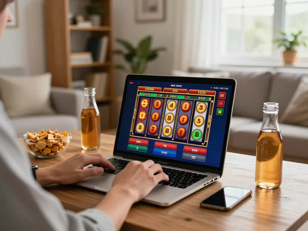 Enjoying situs slot gaming on a laptop in a cozy living space with snacks and warm lighting.