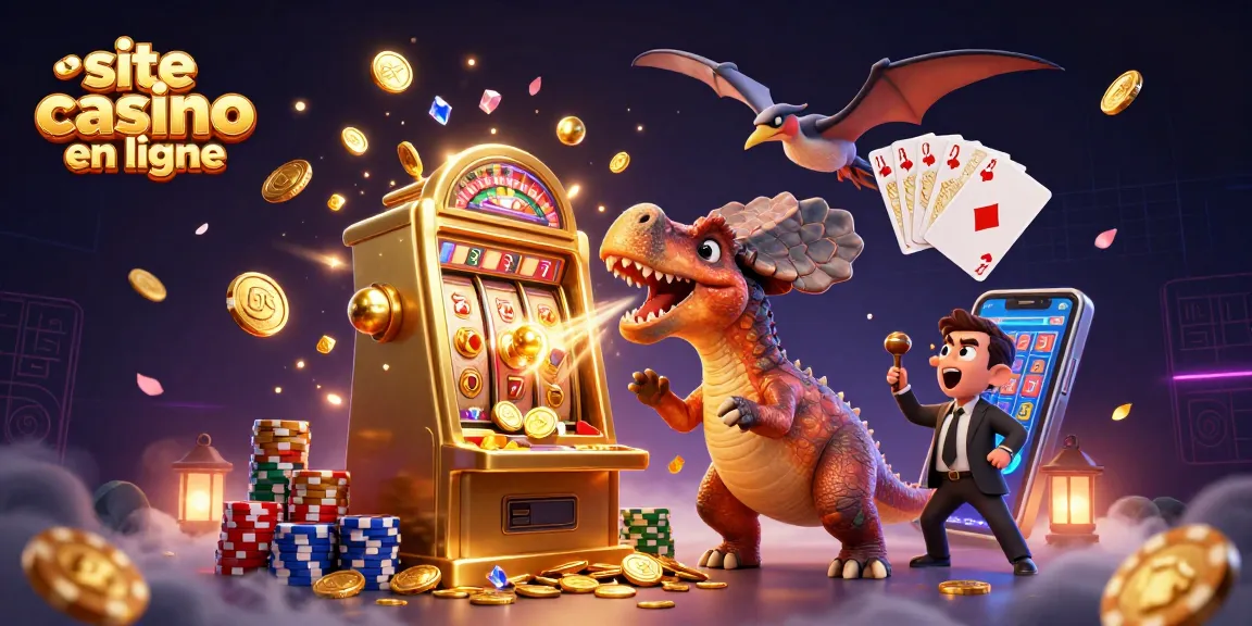 Illustration dynamique d'un site casino en ligne avec un pachycephalosaurus et une machine à sous dorée, entouré de pièces d'or.