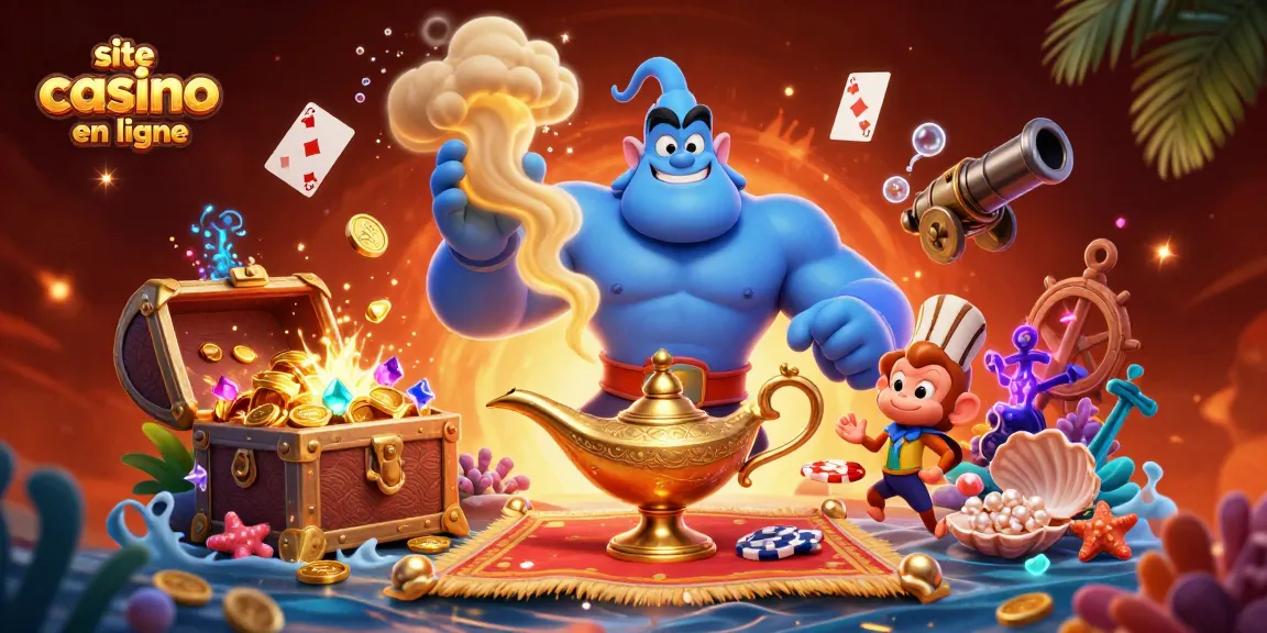 Une illustration 3D pétillante du site casino en ligne avec un génie et une ambiance magique.