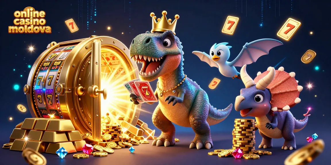 Joacă la online casino moldova cu un T-Rex de 3D care împrăștie cărți și un triceratops care aranjează jetoane de aur.