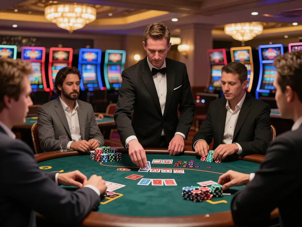 Players placing bets at 123b blackjack table in a luxurious casino setting