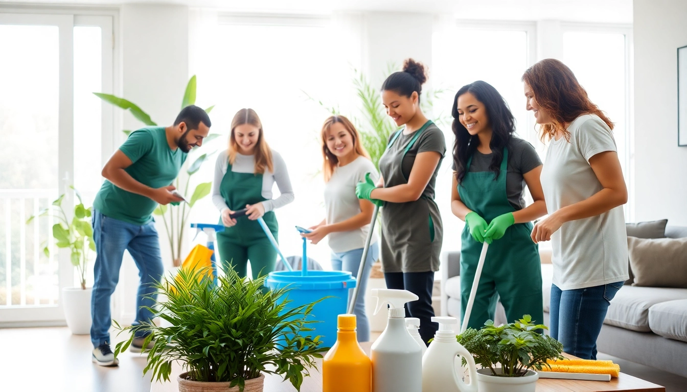 Efficient cleaning service team diligently cleaning a home, demonstrating professionalism and teamwork.