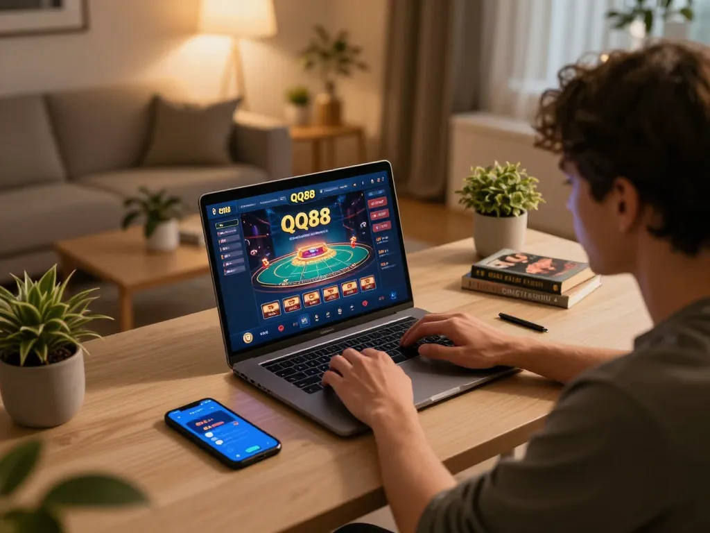 Engaging online gamer interacting with the QQ88 platform on a laptop in a cozy setting