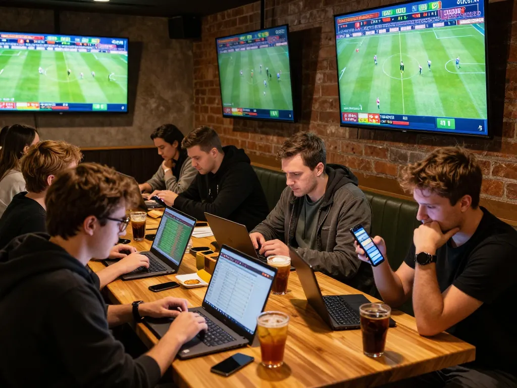 Cakhia bettors excitedly analyzing matches on smartphones and laptops in a vibrant café setting.