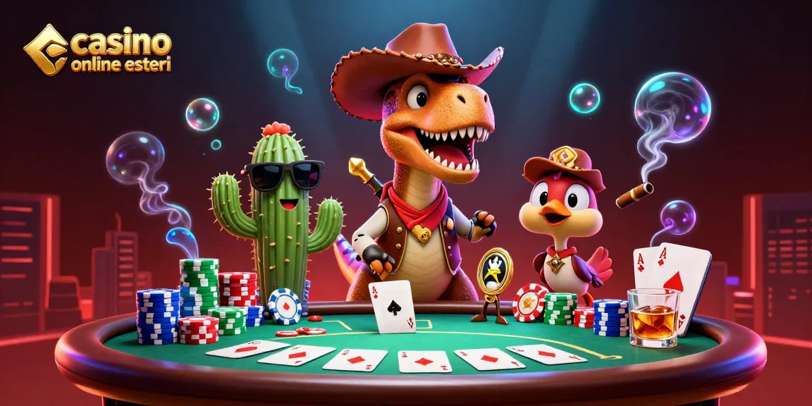 Gioca nei migliori casino online esteri con personaggi vivaci e elementi di poker in un'illustrazione accattivante.