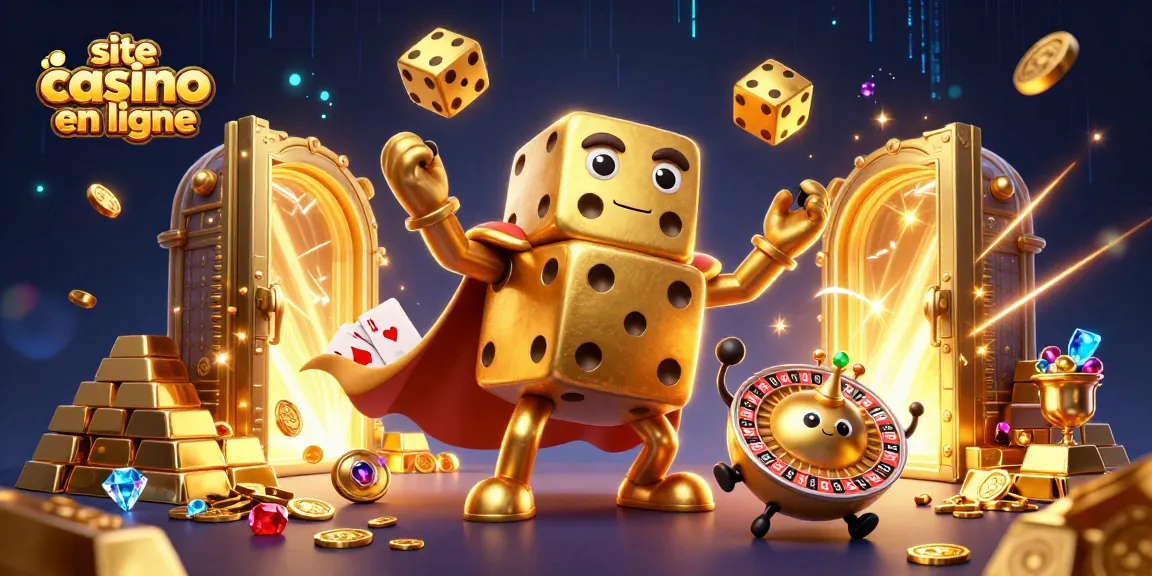 Illustration d'un site casino en ligne mettant en scène des dés dorés et des trésors étincelants.