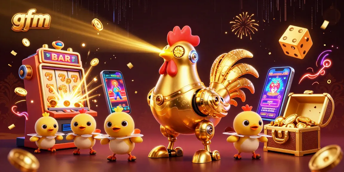 Engage with gfm's thrilling slot experience featuring a golden rooster and baby chick drones amidst dazzling jackpots.