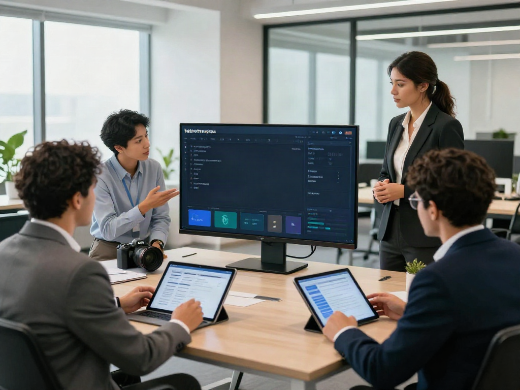 Financial advisors discussing bpinetempresas digital banking solutions in a modern office.