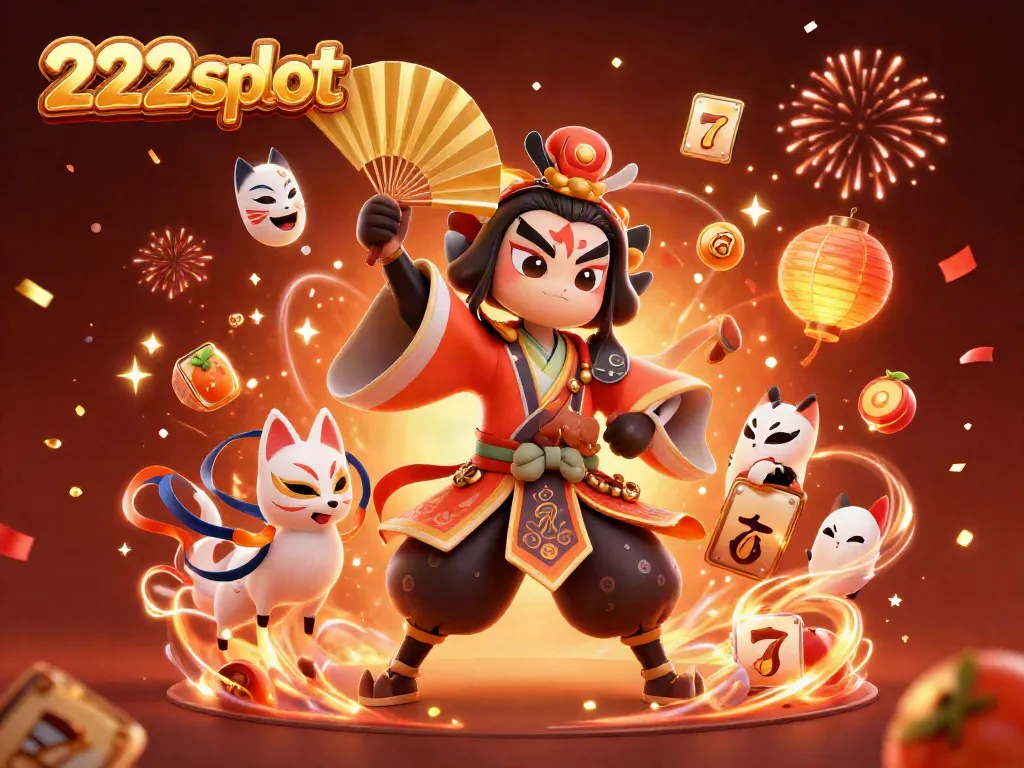 Ilustrasi 3D menampilkan aksi slot dengan karakter kabuki dan lampion, tema kasino 222slot.