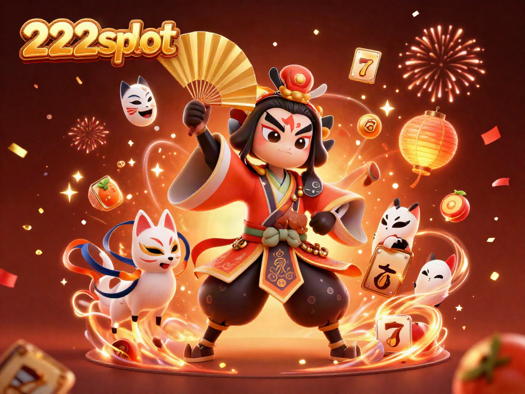 Ilustrasi 3D menampilkan aksi slot dengan karakter kabuki dan lampion, tema kasino 222slot.