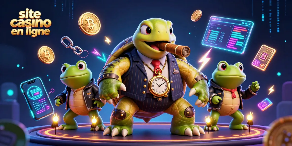Une illustration 3D d'une tortue massive en costume de gangster sur un site de casino en ligne, entourée de grenouilles taureaux, Bitcoin et Ethereum.