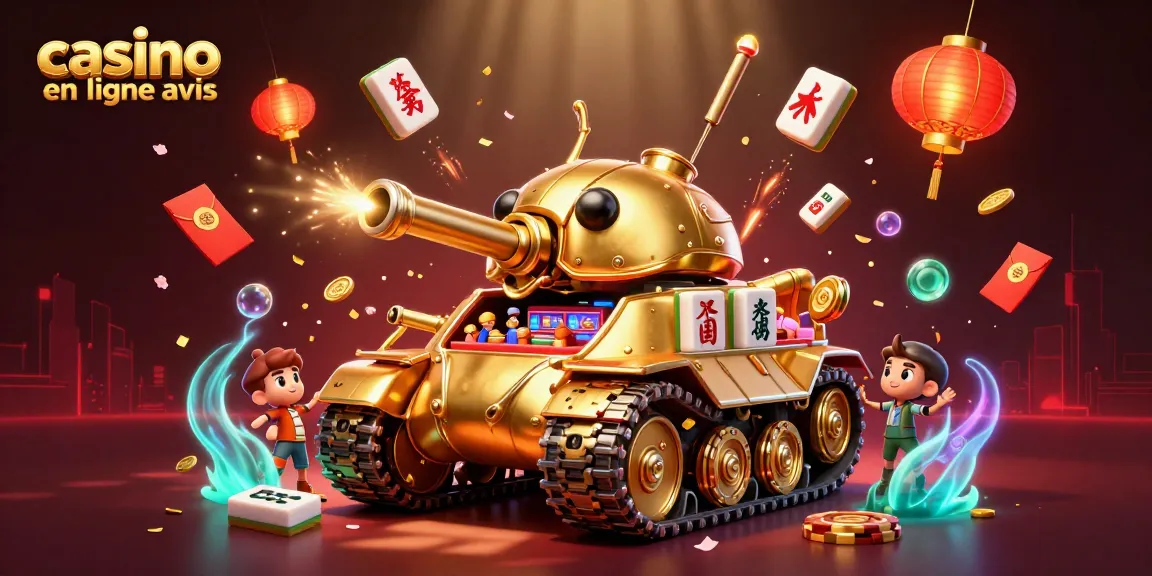 Aperçu de casino en ligne avis avec un tank en or révélant un casino miniature rempli d'action festive.