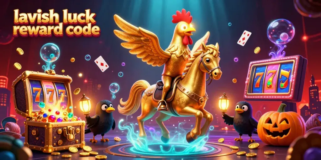 Experience the excitement of the lavish luck reward code in this vibrant casino scene filled with golden treasures and gaming elements.