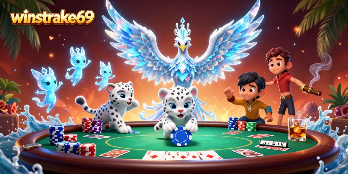 Engage with winstrike69 in a vibrant casino scene featuring a colorful ice phoenix and poker elements.