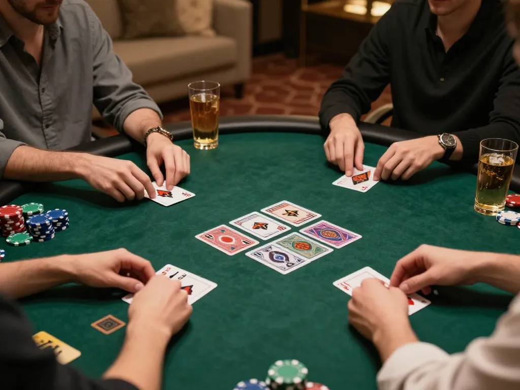 Players at X88's online casino engaging in an intense poker game with visible cards and chips.