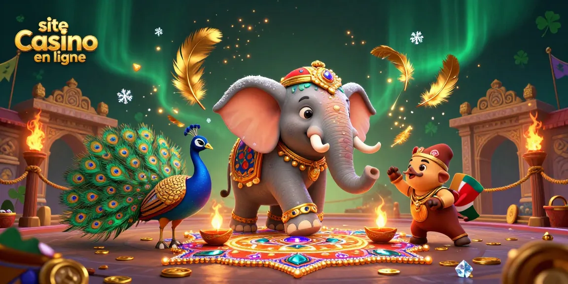 Gagnez avec le site casino en ligne en découvrant des éléments vibrants comme un éléphant et un paon, à travers une illustration 3D.