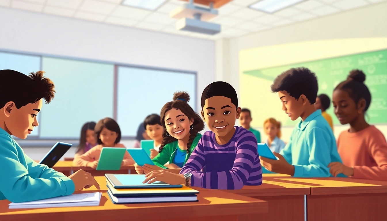 Education-focused modern classroom promoting equity and innovation with diverse students engaging collaboratively.