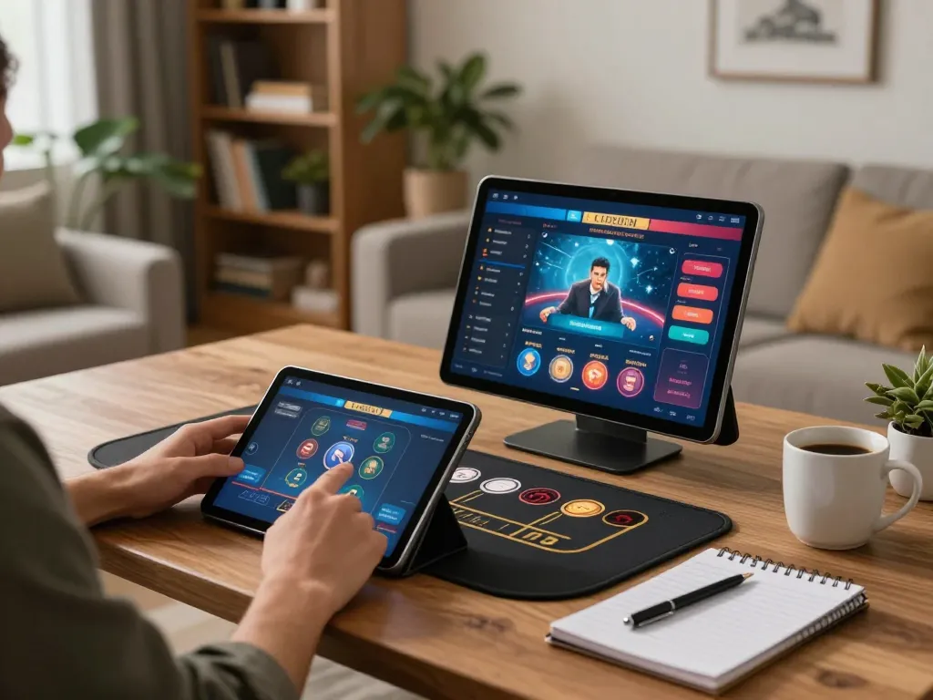 Engaged player on Fly88 enjoying a live dealer game on tablet in a cozy home setting