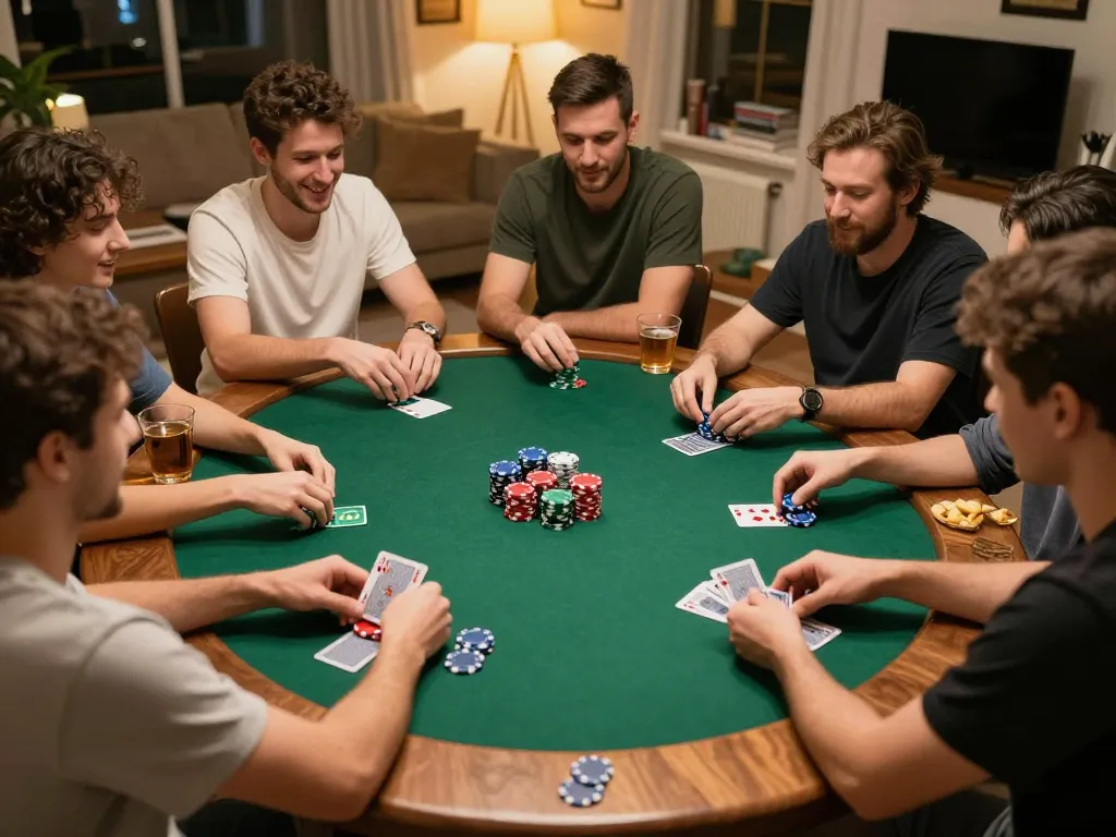 Engaged friends strategizing during a home poker night at the best widget store setting