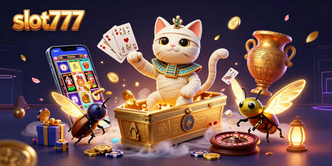 Experience thrilling spins in slot777 with a mummy cat and glowing scarab at a pyramid casino.