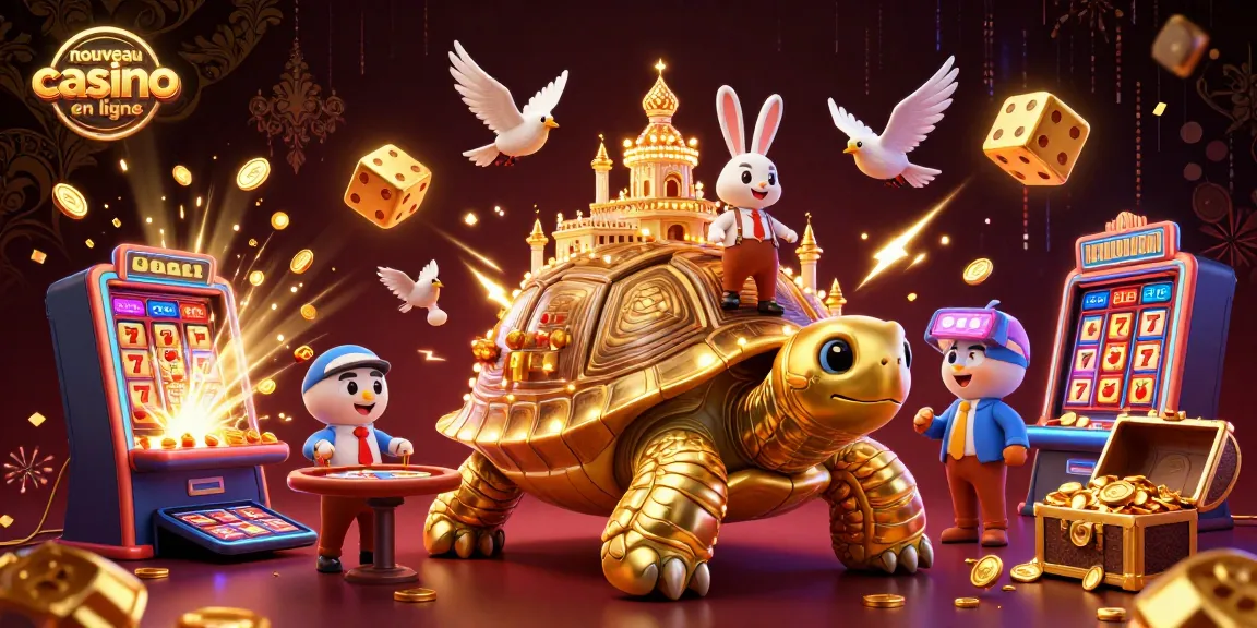 Illustration d'un nouveau casino en ligne, tortue géante et casino miniature illuminé sur sa carapace, avec des pièces dorées.